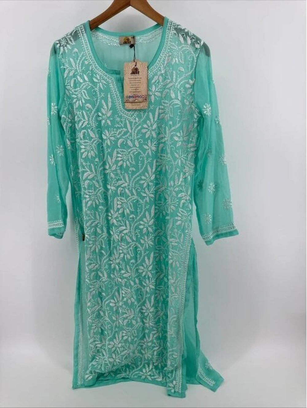 Ada Chikankari Georgette Tunic Kurta Dress Sea Green White Embroidery NEW